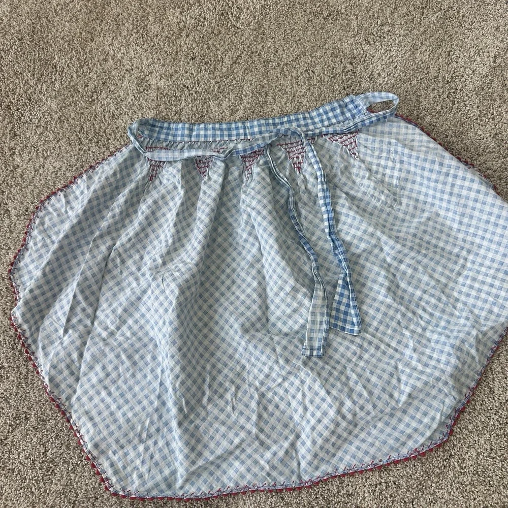 Vintage Blue Gingham Half Apron Handmade Smocked Waist Pocket Tie Back Farmhouse